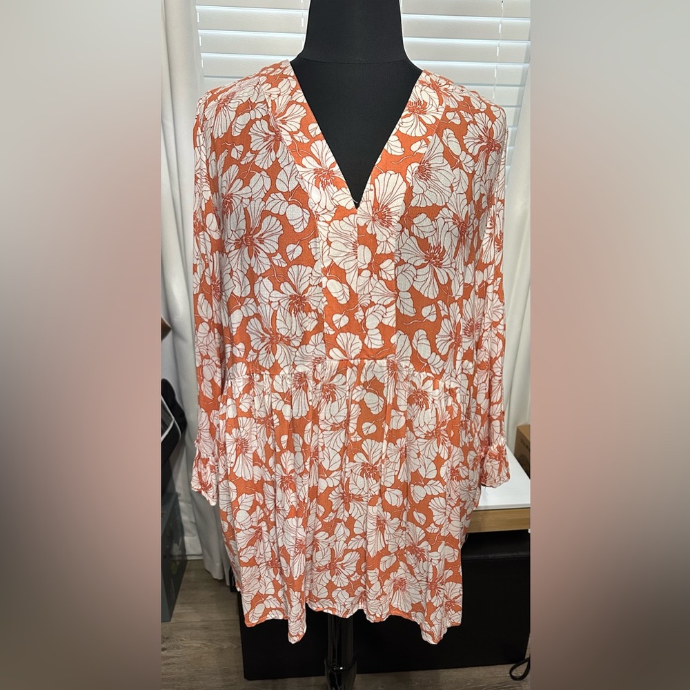 Cynthia Rowley Orange Floral Notched Collar Blouse